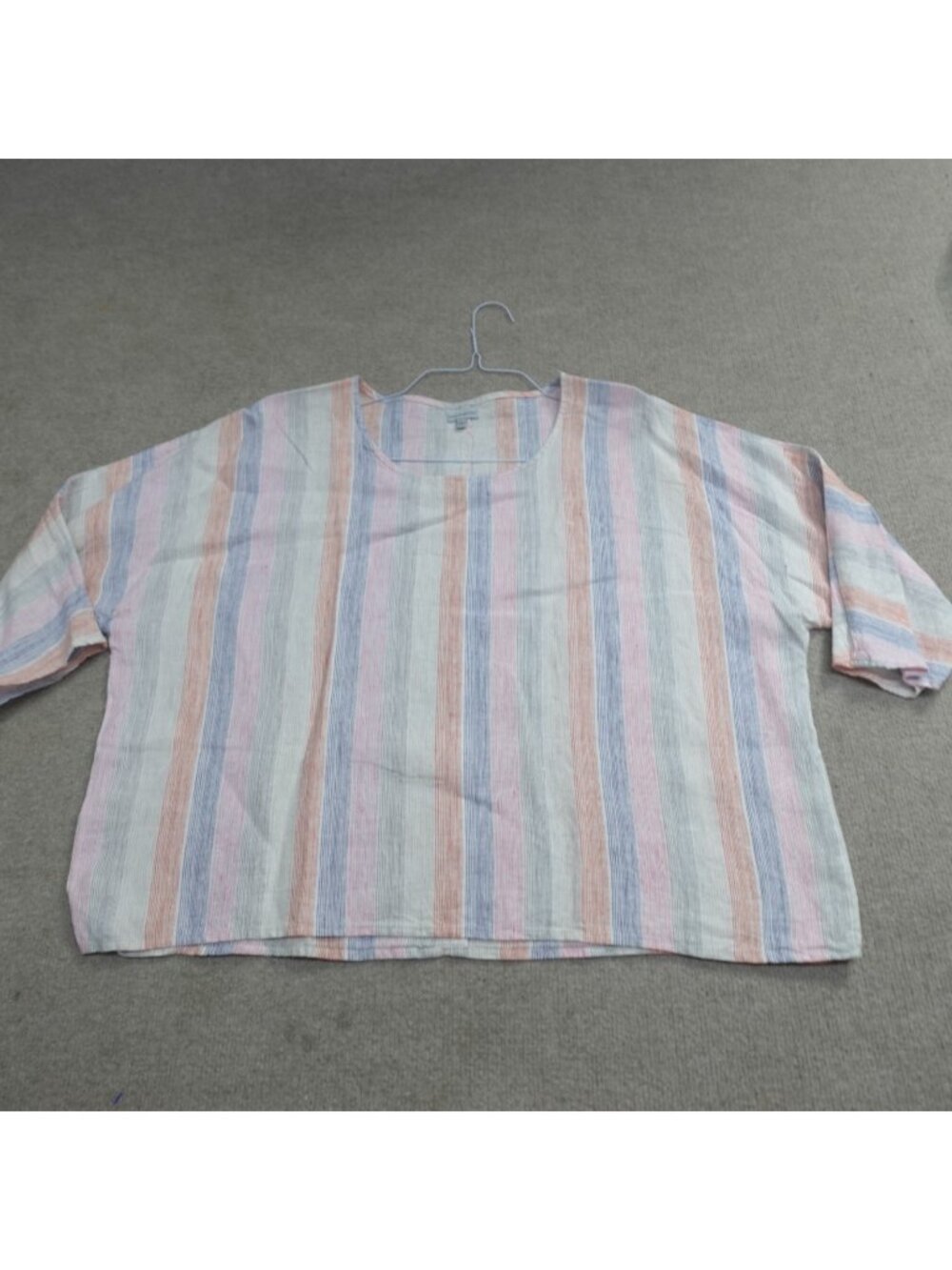 Paraphrase Top Large Blue Pink Beige Striped 100% Linen 3/4 Sleeves